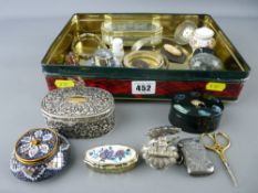 Biscuit tin of collectables including silver vesta case, a 1908 Football League badge, a quantity of