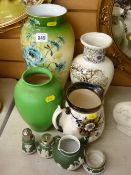 Decorative milk glass vase, two pottery vases, a Victorian gilt decorated jug and four items of