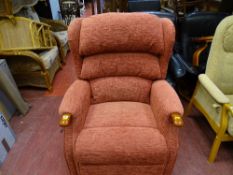 Lynton Grande dual rise and recline electric armchair, Boucle Rose upholstered and teak hand holds