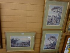 AUGUSTE BORGET three framed colourful prints - titled 'Stonebridge, Near Canton, 1838', 'Pagoda,