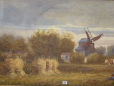 Unsigned English School large watercolour - harvesting scene, 65 x 98 cms