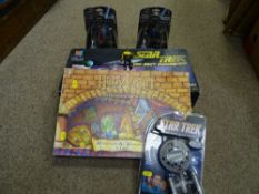 Two Playmates Star Trek bubblepacked figures, others similar, boxed MB Star Trek game and a boxed