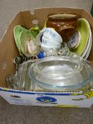 Mixed box of Pyrexware, stainless steel tableware and decorative pottery items etc