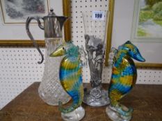 Pair of seahorse paperweights, electroplate and glass claret jug and an Art Deco style vase