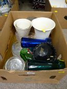 Box of pottery vases, two glass hyacinth vases and other glassware