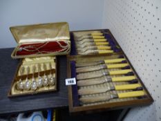Cased simulated pearls, apostle teaspoons and cased cake knives and forks
