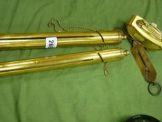 Pair of brass money counters, small scales, table lighter etc