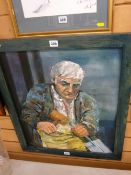 MYRNA LOWENS oil on board - portrait study of a quarryman splitting slate, initialled and titled