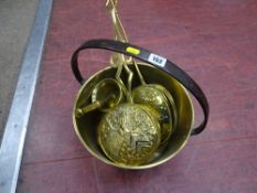 Brass jam pan, brass pestle and mortar and two brass chestnut roasters