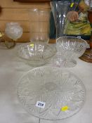 Vintage glass cakestand, three vases and two bowls