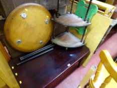 Reproduction mahogany coffee table, a retro circular table and a modern three tier whatnot with