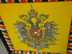 Framed European coat of arms, label verso 'Fraser & Son, Dundee', dated 1988, 65 x 65 cms