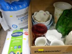 Box of planters and glass vases, bedding etc