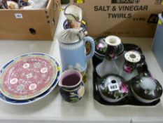 Vintage pottery dressing table set, a lustre Toby jug, a Majolica jug and one other and two