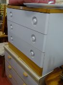 Modern three drawer circular mirrored dressing chest, an upholstered top stool and two three