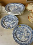 Six Willow pattern meat plates and six dinner plates
