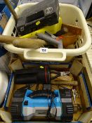 Basket and box of various garage items, hand tools etc E/T
