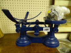 Blue painted heavy set of shop scales with weights