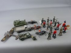 Quantity of diecast and painted military figurines, three Dinky toy vehicles and a Whitley Bomber