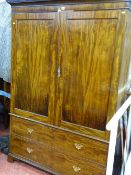 Victorian mahogany press cupboard with interior hanging space and single lower drawer (slight