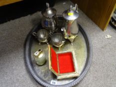 Electroplate galleried tray with four piece coffee set, onyx box etc