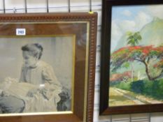 Early 20th Century photograph of a mother and child in a frame and an Oriental oil on canvas -