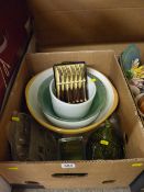 Large pottery mixing bowl with others, a selection of glassware and a hen on nest etc