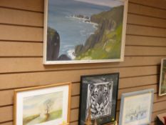 DEWHURST oil on board - seascape with cliffs, 50 x 75 cms, SMETHURST watercolour - 'Near Dolwen,