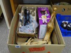 Treen ornaments, boxed 'Ms Wonderful' soft toy, portable fishing rod etc