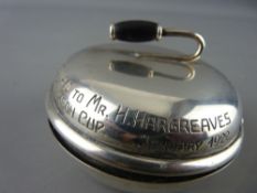 Unusual silver circular box in the form of a curling stone, presentation inscription reads '