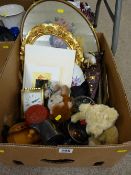 Mixed box of collectables including a cinnabar type bowl and cover