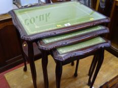 Reproduction set of three glass topped side tables with gilt tooled leather effect inserts