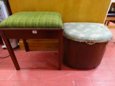Reproduction mahogany lift-up lid piano stool and a vintage oak veneered linen box