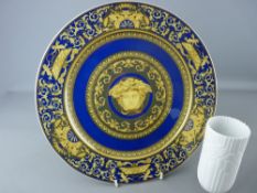 Rosenthal Versace porcelain cabinet plate with 'Medusa Blue' pattern and a stylized white vase, same