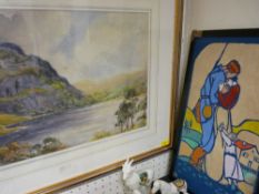 Unsigned watercolour - harbour with mountains and a French print entitled 'Le Retour', initialled