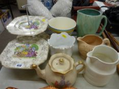 Two Dainty Lady cakestands, three vintage jugs, two planters and a teapot