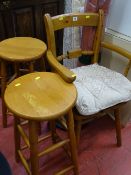 Modern pine farmhouse armchair and two circular topped bar stools