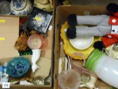 Two boxes of mixed porcelain, glassware, soft toy etc