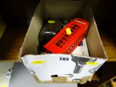 Novelty postbox moneybox, magnifying glasses, cutlery etc