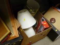 Three boxes of mixed household items, LPs, paintings etc