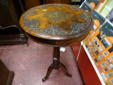 Eastern carved hardwood and brass inlaid circular top tripod table