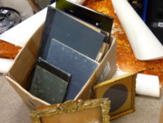Box of unframed paintings, prints, good gilt frames, parcel of unframed autumnal posters etc