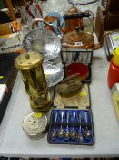 Mixed group of metalware including a reproduction brass miner's lamp, a Midland Bank money box etc