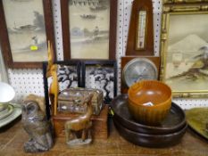 Good treen ornaments, wall barometer, mother of pearl decorated box etc
