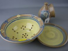 Aysgarth pottery salt pot, draining bowl and stand in colourful glazes