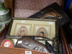 A vintage case of exotic souvenir items including Indian framed mosaic-type pictures, carvings ETC