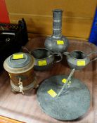 An antique treen money box, a sun dial and three items of pewter Condition reports provided on