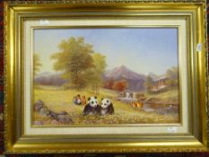 Paul Morgan oil on board idyllic dream-like landscape with panda bears