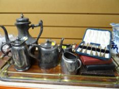 Wooden and brass galleried tray with a selection of cased EPNS, EPNS teaset Condition reports