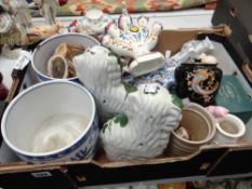 A box of mixed pottery including an interesting creamware tulip vase with floral decoration & lustre